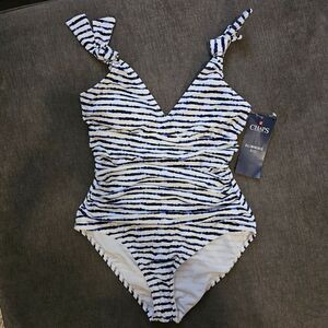 Chaps size 10 navy blue slimming shoulder tie one-piece swimsuit